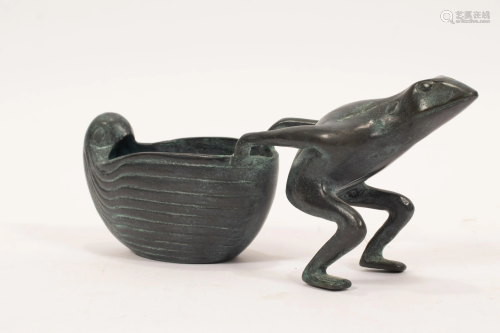 BRONZE FLOWER CONTAINER, FROG PULLING SHELL …