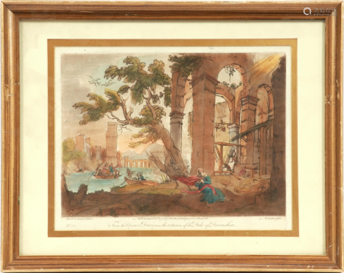 AFTER CLAUDE LORRAIN HAND COLORED ETCHING 19TH C. H