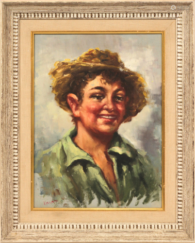 VILLANI, ITALY, LAUGHING FARM BOY WITH STRAW HAT, OIL