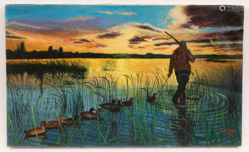 STURMAN, DUCK HUNTING AT SUN-RISE OIL ON CANVAS NO