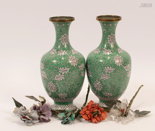 CHINESE CLOISONNE VASES & HARD STONE FLOWERS, 7 …