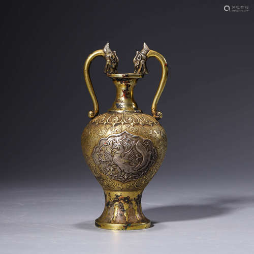 A Silver Gilding Incised Phoenix Double Dragon-Handled Vase