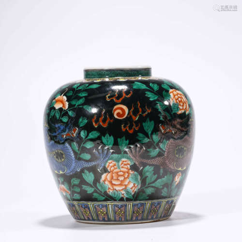 A Black-Ground Wucai Dragons Floral Jar