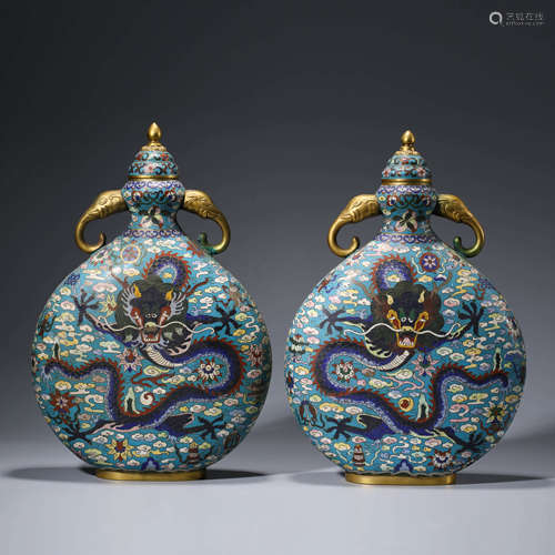 A Pair Of Enamel Cloisonne Double Elephant-Eared Vases