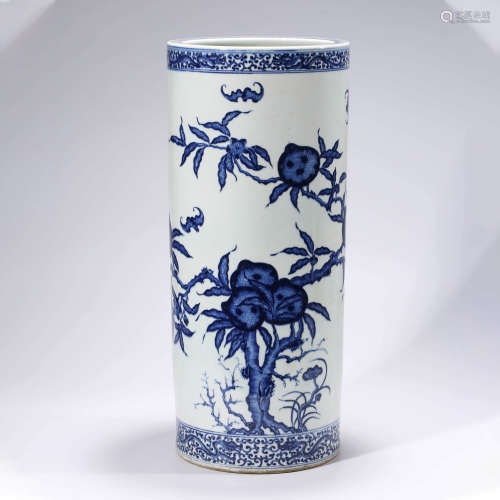 A Blue And White Fu And Peaches Rouleau Vase