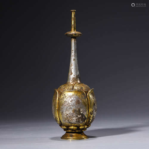 A Silver Gilding Incised Lotus-Shaped Buddhist Vase