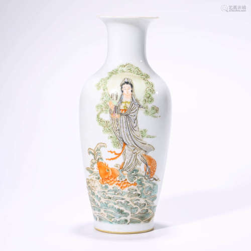 An Inscribed Famille Rose Figure Of Guanyin Dish-Top Vase