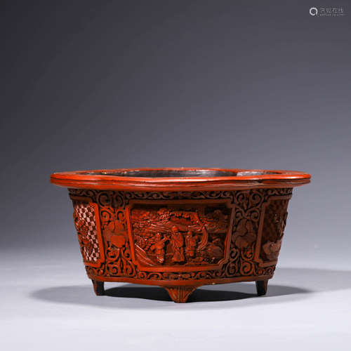 A Carved Cinnabar Lacquerware Lobed Jardiniere