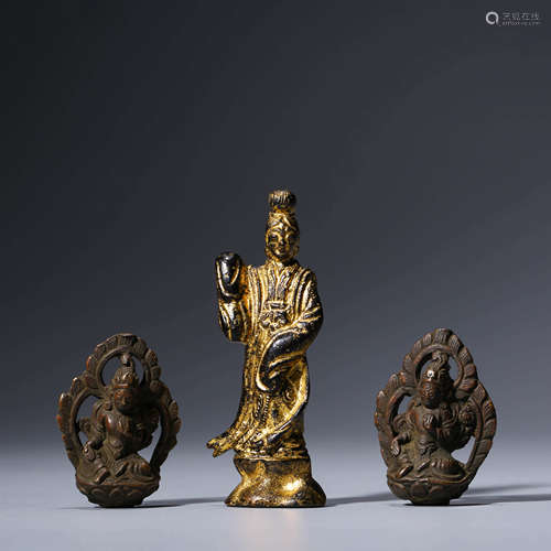 A Set Of Three Gilt-Bronze Figurine Statues