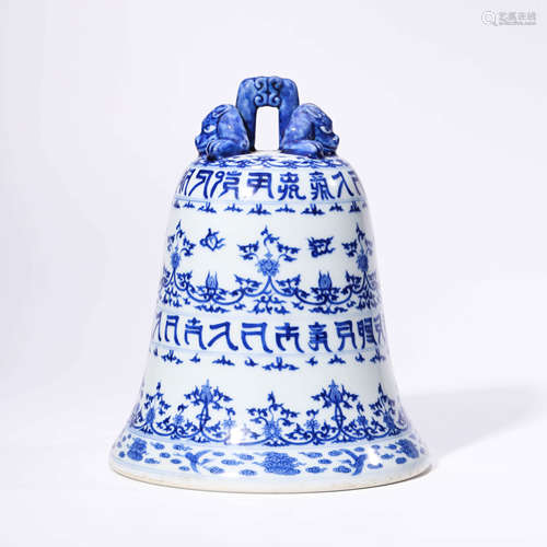 A Blue And White Sanskrit Beast-Handle Bell