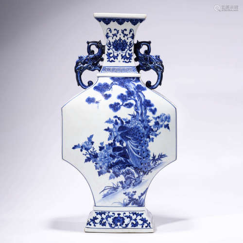 A Blue And White Flowers Beast-Handle Square Zun