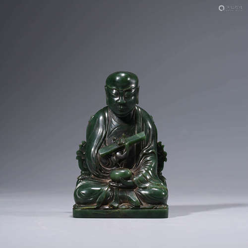 A Green-Spinach Jade Statue Of Guru