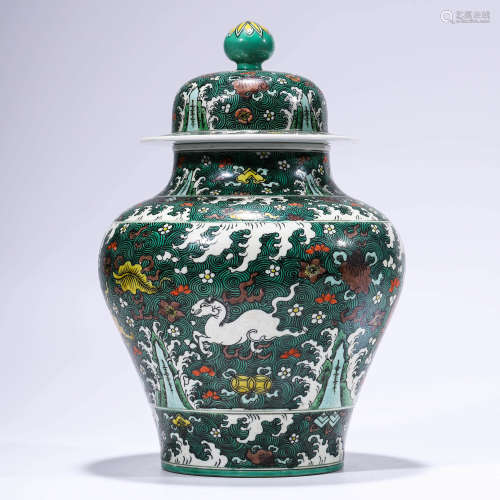 A Wucai Eight Treasures Drgaon And Clouds Jar And Cover