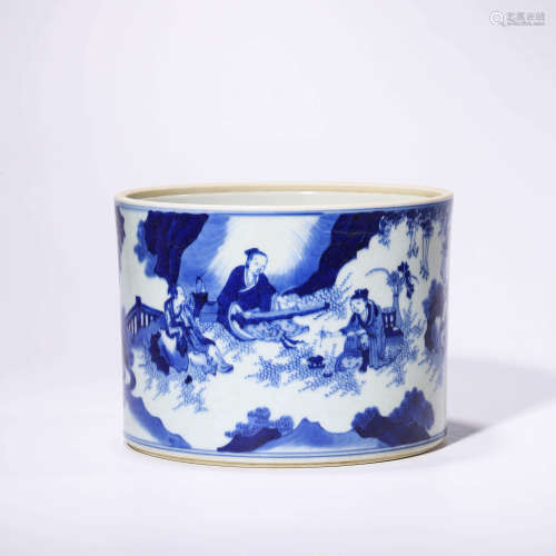 A Blue And White Figures And Landscape Brush Pot