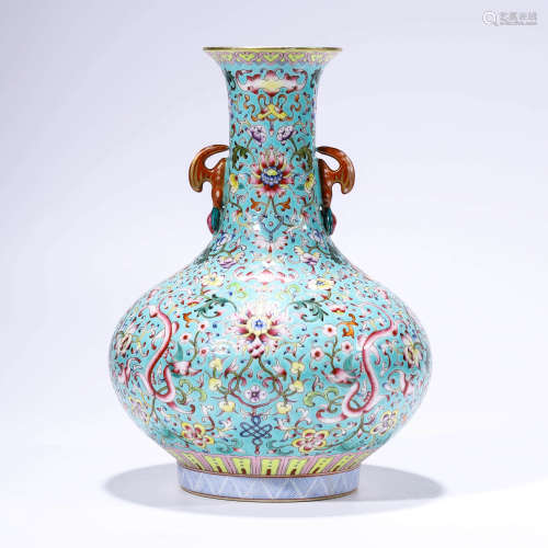 A Turquoise-Ground Interlocking Flowers Double-Eared Bottle ...