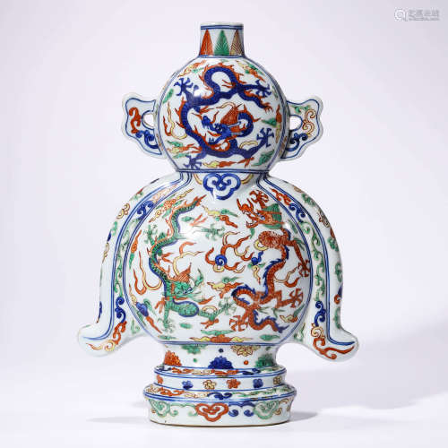 A Wucai Dragon  Double-Gourd-Shaped Vase