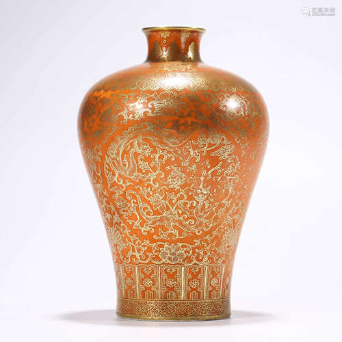 A Gilt Coral-Red Floral Meiping Vase