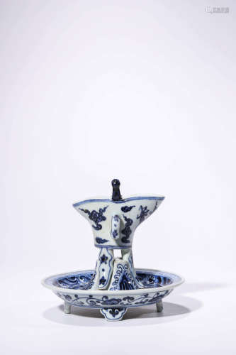 A Blue And White Dragon And Seawater Jue Cup And Stand