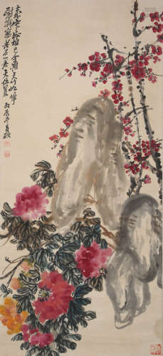 A Chinese Plum Blossom And Mountain Painting Scroll, Wu Chan...