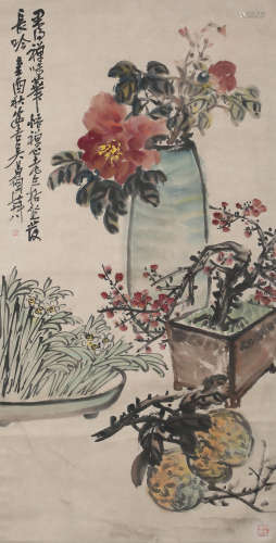 A Chinese Furnishings Painting Scroll, Wu Changshuo Mark
