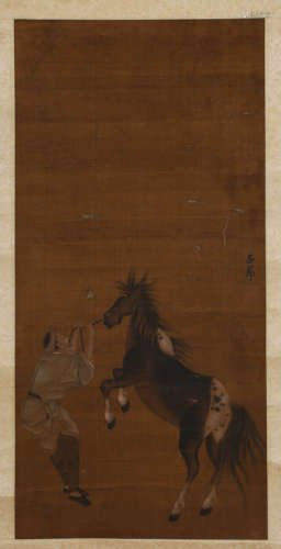 A Chinese Figure Horsing Painting Silk Scroll, Zhao Ziang Ma...