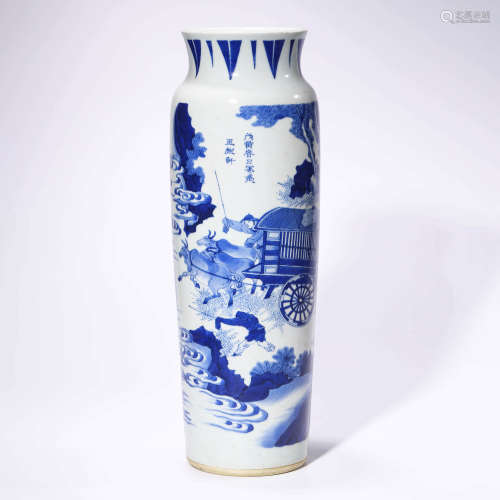 A Blue And White Figures Rouleau Vase