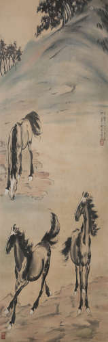 A Chinese Horses Painting Scroll, Xu Beihong Mark