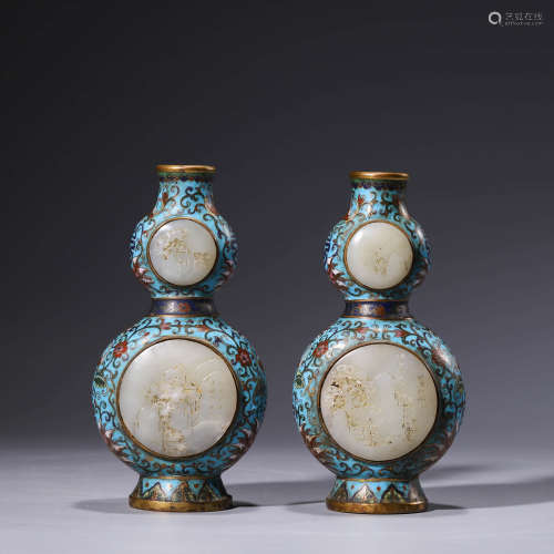 A Pair Of Jade Inlaying Enamel Cloisonné Double Gourd Shaped...