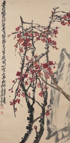 A Chinese Plum Blossom Painting Scroll, Wu Changshuo Mark