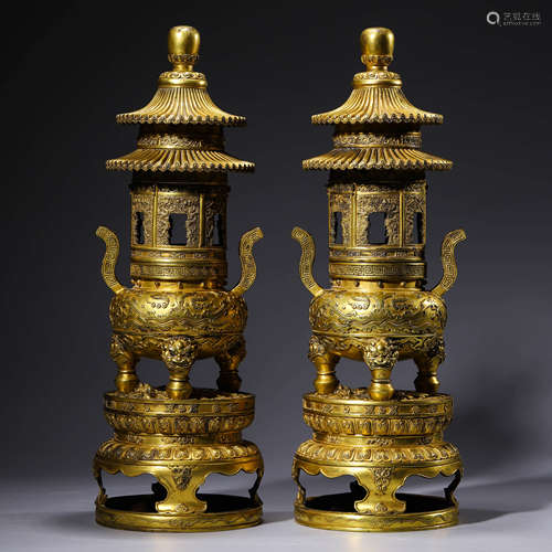 A Pair Of Gilt-Bronze Tower-Shaped Incense Burners