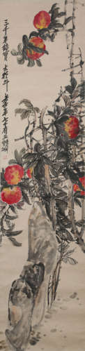 A Chinese Peaches Painting Scroll, Wu Changshuo Mark