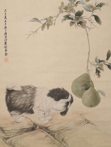 A Chinese Dog Painting Scroll, Liu Kuiling Mark