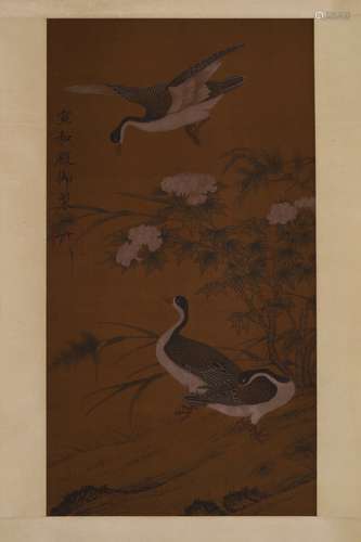 A Chinese Wild Goose And Peony Painting Scroll