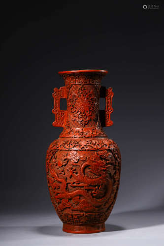 A Carved Cinnabar Lacquerware Double Dragon-Eared Vase