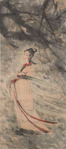 A Chinese Lady Painting Scroll, Fu Baoshi Mark