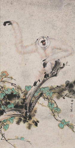 A Chinese Monkey Painting Scroll, Tian Shiguang Mark