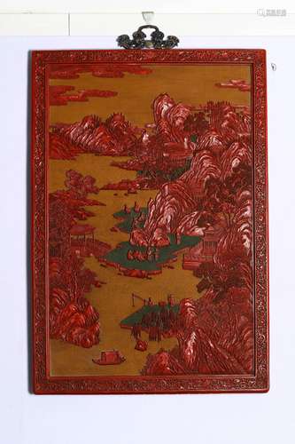 A Carved Lacquerware Landscape And Figure Wall Plaque