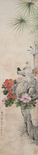 A Chinese Flowers And Birds Painting Scroll, Yan Bolong Mark