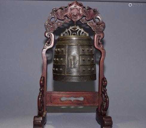 Qianlong Chinese bronze bell on stand
