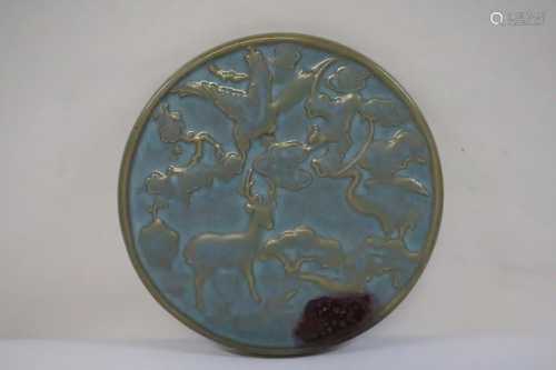 Song JunYao porcelain round plaque embossed with deer scene