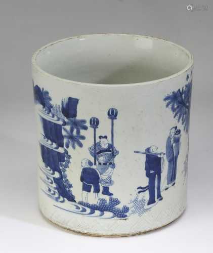 Chinese Ming style blue and white brush pot cylinder form