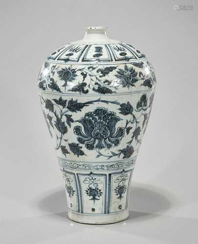 Chinese Yuan-style blue & white porcelain meiping; floral de...