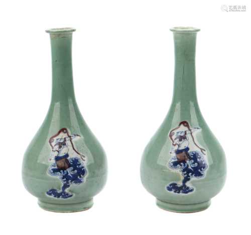 Pair of Chinese Qing Dynasty blue and red glazed Celadon Vas...
