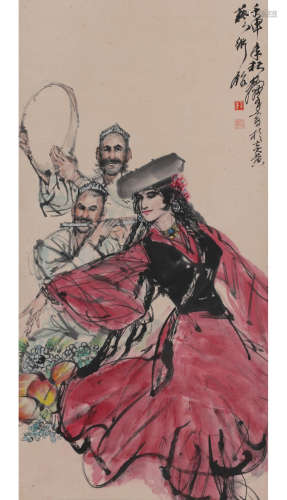 A Chinese Xinjiang Dance Figures Painting Scroll, Huang Zhou...