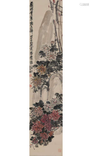 A Chinese Chrysanthemum And Stone Painting Scroll, Wu Changs...