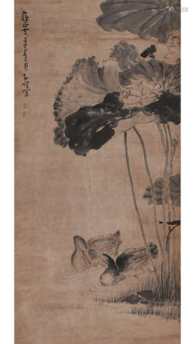 A Chinese Mandarin Ducks And Lotus Pond Painting Scroll, Hua...