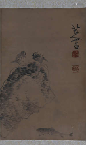 A Chinese Birds And Stone Painting Scroll, Badashanren Mark