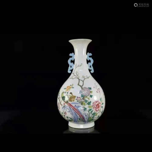 A Famille Rose Birds And Peony Double-Eared Pear-Shaped Vase