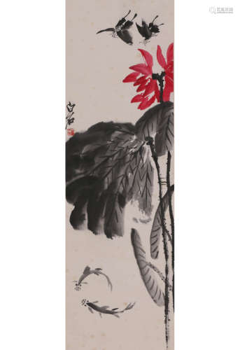 A Chinese Lotus Painting Scroll, Qi Baishi Mark