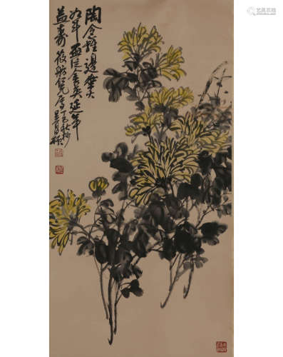 A Chinese Chrysanthemum Painting Scroll, Wu Changshuo Mark